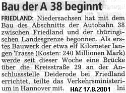 Hannoversche Allgemeine Zeitung 17.08.2001