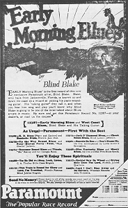 Paramount's advertising for Blind Blake's first record; from the Chicago Defender, October 2, 1926; source: Titon 1979, p. 78; click to enlarge!