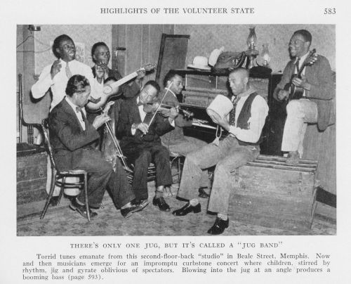D E W E Y   C O R L E Y (jug) and friends 'in a second-floor-back 'studio' in Beale Street, Memphis'; source: The National Geographic Magazine Vol. LXXV, Number Five (May 1939), p. 583