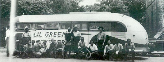 Lil Green with Milt Larkin in front of their touring bus circa 1943; source: Back cover of Rosetta RR 1310; click to enlarge!
