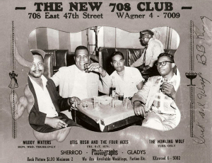 unknown, Howlin' Wolf, L I T T L E   H U D S O N, Lane (the 708 Club security guard) & B.B. King, 708 Club, Chicago, IL, mid-1950s; source: Blues Unlimited 137/138 (Spring 1980), p. 11 ('courtesy Little Hudson')