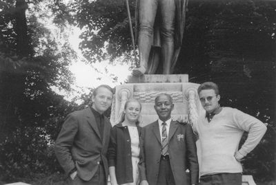 Curtis Jones with three unknowns in front of the Johann Wolfgang von Goethe monument located near Palais Université de Strasbourg, France, 1962; Courtesy of Pierre Monnery, who found a Curtis Jones LP with this photo (and others) inside<br>photographer's name not known