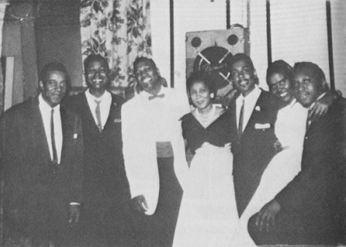 Boyd Atkins, S.P. Leary, Magic Sam, Letha and Johnnie Jones, Georgia Maghett (Sam's wife), Odell Campbell, at the Joneses' house at 18th and Michigan in Chicago, IL, 1959; source: Mike Rowe: Chicago Blues - The City and the Music.- New York (Da Capo Paperback) 1975 (first published in 1973 as 'Chicago Breakdown'), p. 202 ('Courtesy Letha Jones')
