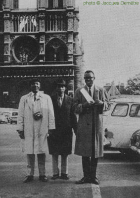 J.B. Lenoir, Doctor Ross & 'Jimmy Lee' (Jimmie Lee Robinson) in front of Notre-Dame Cathedral in Paris, France, October 30, 1965; photographer: Jacques Demêtre; click to enlarge!