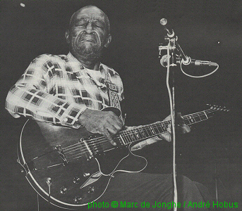 C A R L   M A R T I N playing guitar at the NBBO [Netherlands Blues & Boogie Organization] 10th Anniversary Festival; source: Blues Unlimited 134 (March/June 1979), p. 18; photographer: Marc de Jonghe/André Hobus; click to enlarge!