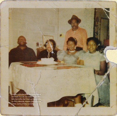 Only known photo of Dan Pickett. From left: Alex Griffen, Mary Griffen, Betty Jean Griffen, Dan Pickett, and Nancy Griffen (ca. 1950), Albertville, Alabama. Collection of Axel Küstner, courtesy of Betty Jean Griffen; source: Oxford American Music Issue 71 (12th Annual Southern Music Issue: Music of Alabama) (2011), p. 67