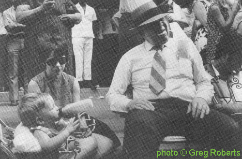Charlie O'Brian (St. Louis policeman & blues researcher), Bobby & Sue Koester and S P E C K L E D   R E D at St. Louis Street fair, early 1970s; source: Block 77 (jan/feb/mrt 1991), p. 35; photographer: Greg Roberts (a/k/a Bob Koester)