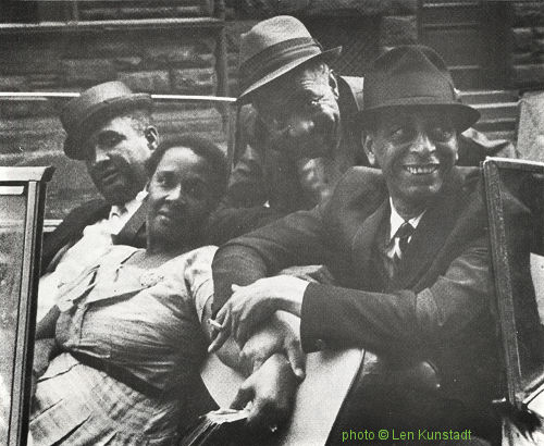 Little Brother Montgomery, Victoria Spivey, Lonnie Johnson & Sonny Greer, June 21, 1965 in New York, after finishing recordings for Spivey LP 1006 'The Queen and her Knights'; source: Blues Forum Nr. 13 (1. Quartal 1984), p. 9; photographer: Len Kunstadt