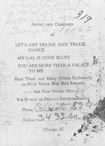 Tampa Red's business card (back side), most likely fall of 1937; source: Blues Unlimited 131/132 (September/December 1978), p. 44 ('Courtesy  Mrs. Rossel Marshall')