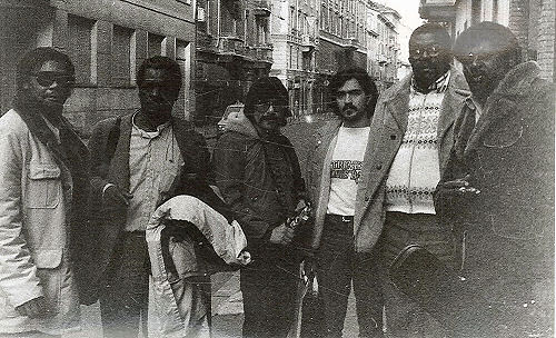The Mississippi Delta Blues Band in Milano, Italy, October 6, 1981; (l to r) Craig Horton, Tom Boyd, unknown, Tano Ro, Sam Myers, Big Bob Deance; source: Tano Ro's facebook timeline, September 30, 2014; photographer: Unknown with Tano Ro's camera - used with permission
