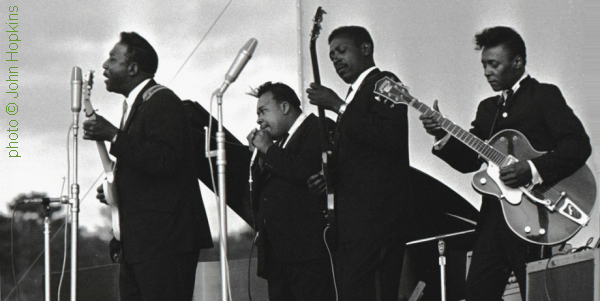 Muddy Waters Band at the Newport Jazz Festival, July 1, 1965; l to r: Muddy Waters, James Cotton, Jimmy Lee Morris [neither Sammy Lawhorn nor Louis Myers, as some sources claim!], Pee Wee Madison; source: https://www.artsy.net/artwork/john-hoppy-hopkins-muddy-waters-james-cotton-louis-myers-and-peewee-madison-newport-jazz-festival; photographer: John 'Hoppy' Hopkins