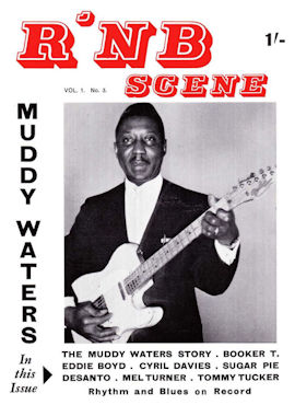 Muddy Waters on UK tour, most likely May 1964, playing his white '57 Fender Telecaster ('The Hoss'); source: Front cover of R'n B Scene Vol. 1 No. 3 (1964); photographer's name not given, most likely Brian Smith