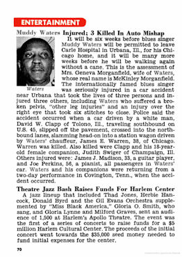 'Muddy Waters Injured; 3 Killed In Auto Mishap'; source: JET magazine Vol. XXXVII, # 6 (November 13, 1969), p. 70