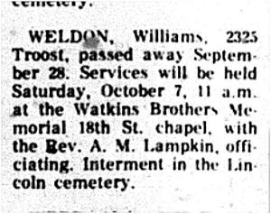 Death notice for C A S E Y   B I L L   W E L D O N; source: The Call newspaper dated the week of October 4, 1972