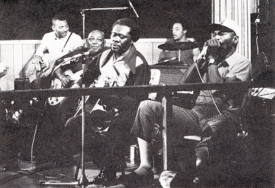 Melvin Lee, Houston Stackhouse, Joe Willie Wilkins, Homer Jackson and Nathaniel Armstrong 'Joe Willie Wilkins & His King Biscuit Boys'; Blues Unlimited # 120 (1976), p. 6; ('courtesy Steve La Vere'); click to enlarge!