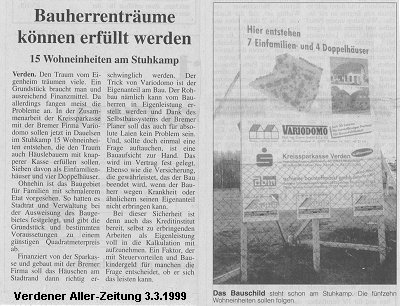 Verdener Aller-Zeitung vom 3.3.1999: Bauherrenträume können erfüllt werden - 15 Wohneinheiten am Stuhkamp